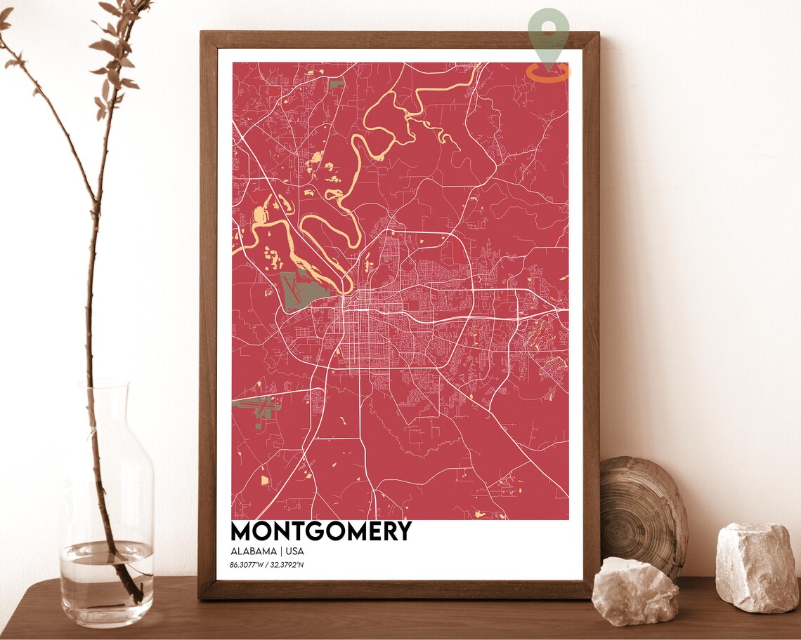 Montgomery Alabama crimson red with cream streets Street Map Coordinates Poster