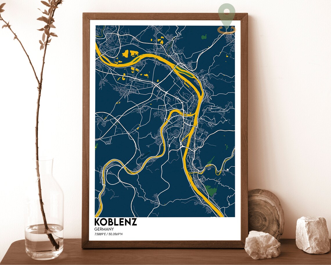 Koblenz Germany City Street Map Minimalist Urban Navy Yellow Art Poster