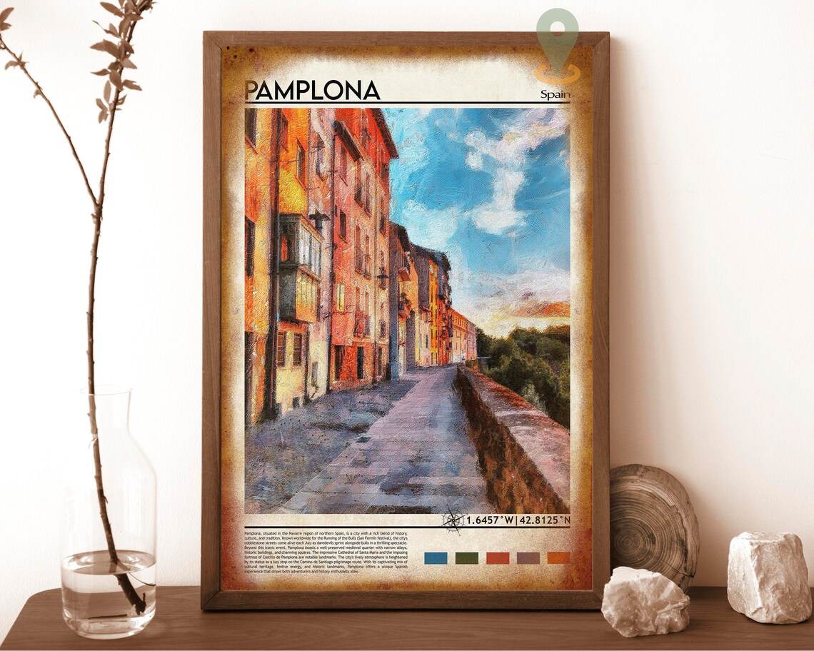 Pamplona Spain Sunset Old Town Street Painting Travel Poster - Image 6