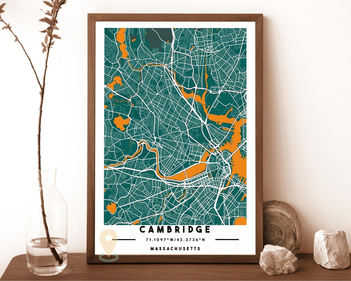 Cambridge Massachusetts City Street Map Gray Blue Poster Decor - Image 3