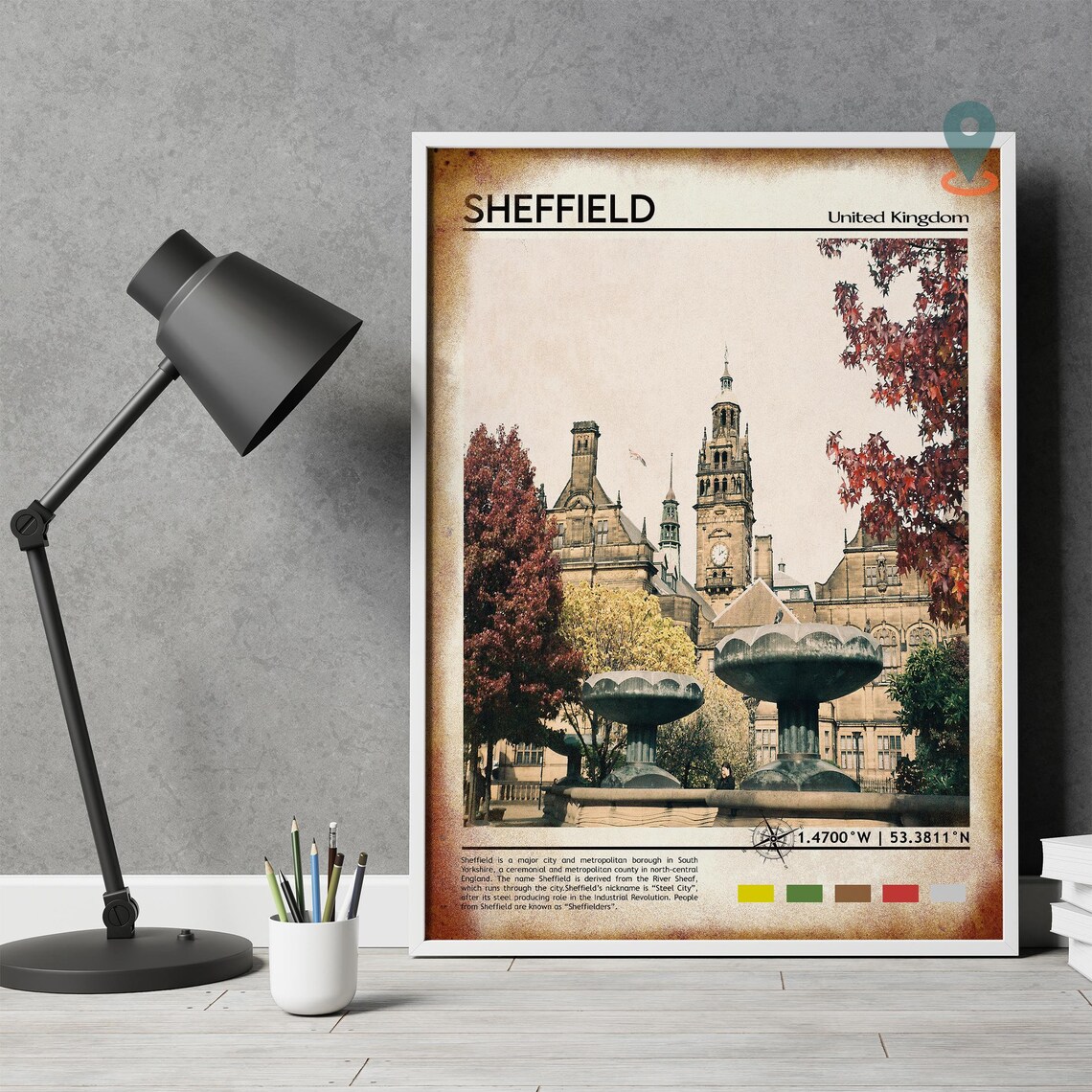 Sheffield United Kingdom City Hall Autumn Fountains Coordinate Poster - Image 4