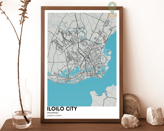 Iloilo City Philippines Coastal City Map Gray Aqua Minimalist Poster