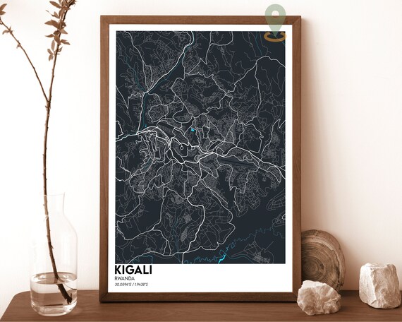 Kigali Rwanda City Street Map Minimalist Dark Urban Geography Art Poster