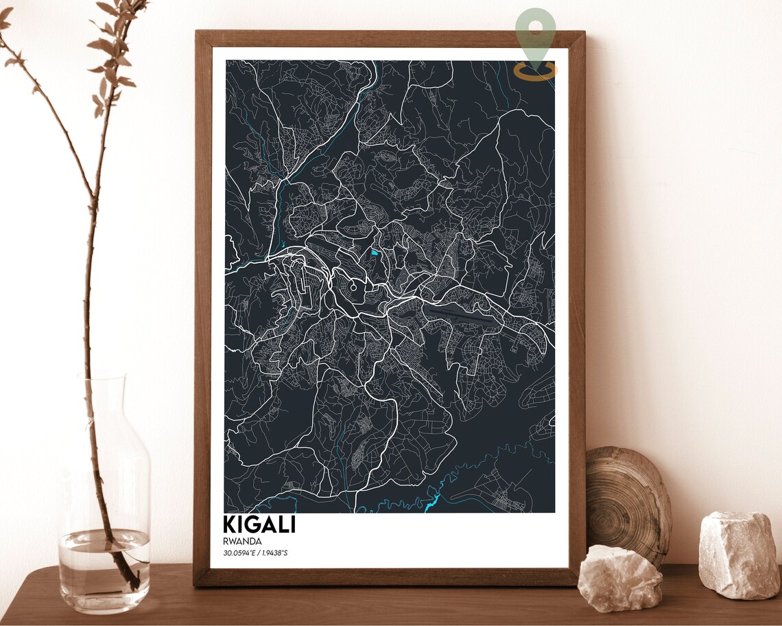Kigali Rwanda City Street Map Minimalist Dark Urban Geography Art Poster