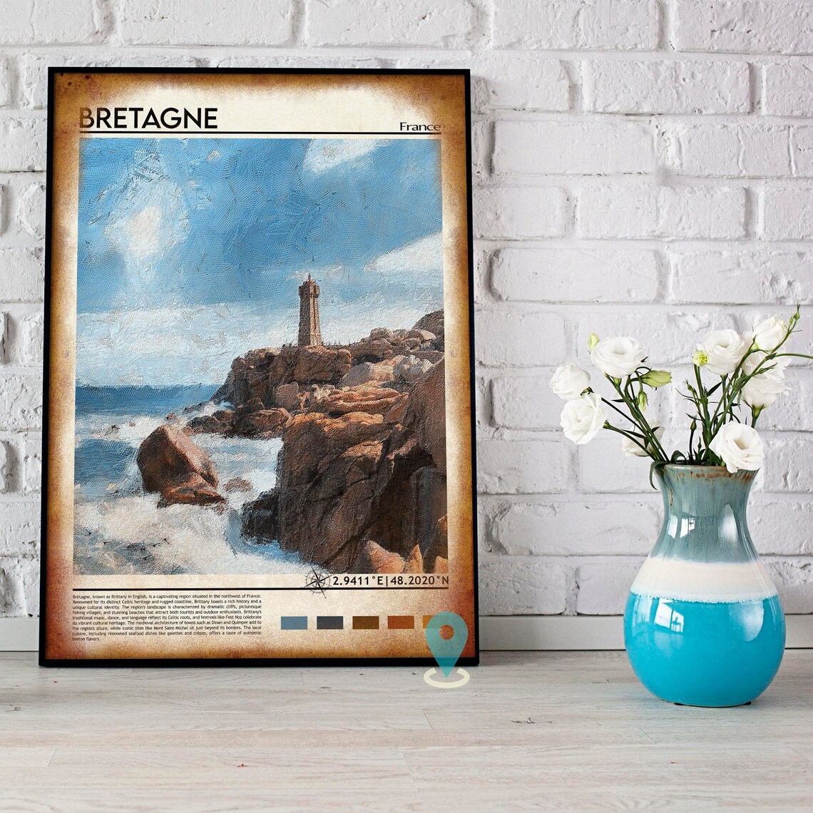 Bretagne France Brittany Lighthouse Rocky Coast Painting Travel Poster - Image 2