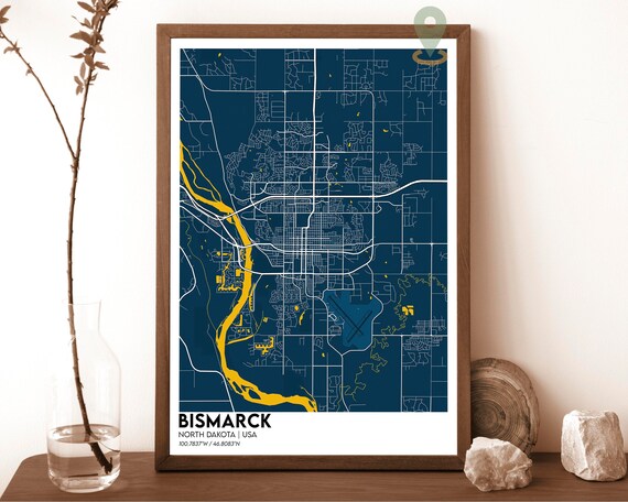 Bismarck North Dakota Navy Gold Street Map River Decor Poster
