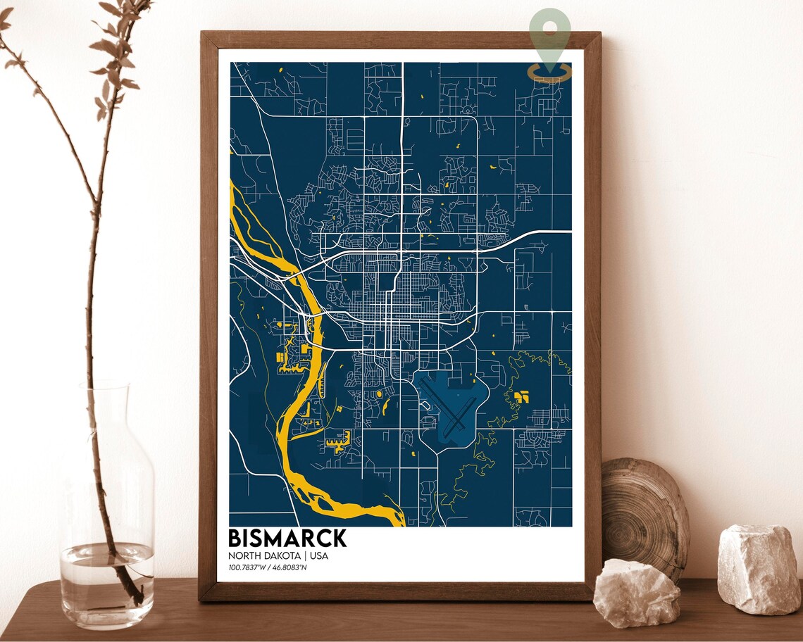 Bismarck North Dakota Navy Gold Street Map River Decor Poster