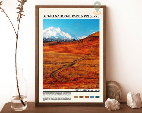 Denali National Park Alaska Snowy Peak Autumn Tundra Wilderness Travel Poster