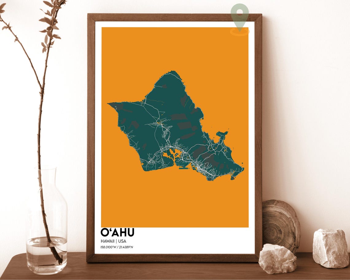 O'ahu Hawaii Minimalist Island Map Poster in Turquoise and White - Image 3