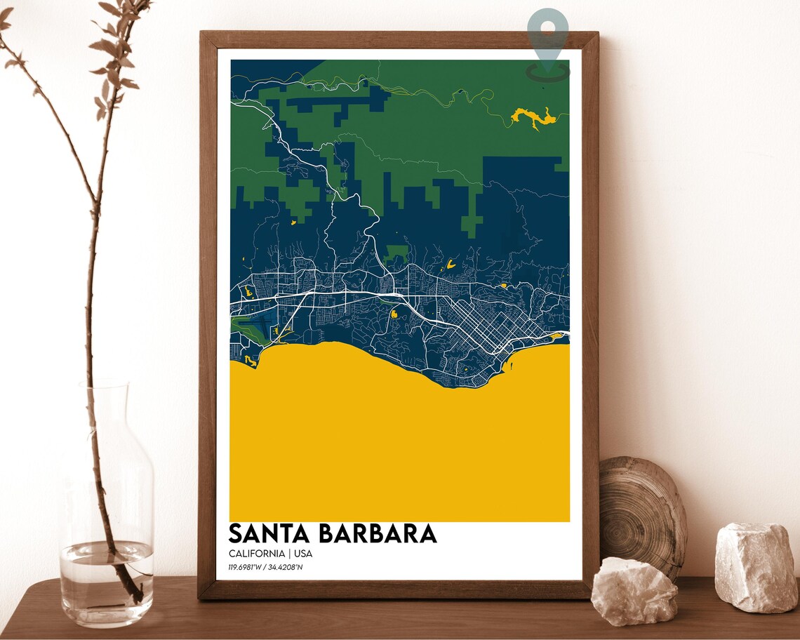Santa Barbara California Navy Mustard City Map Home Decor Poster