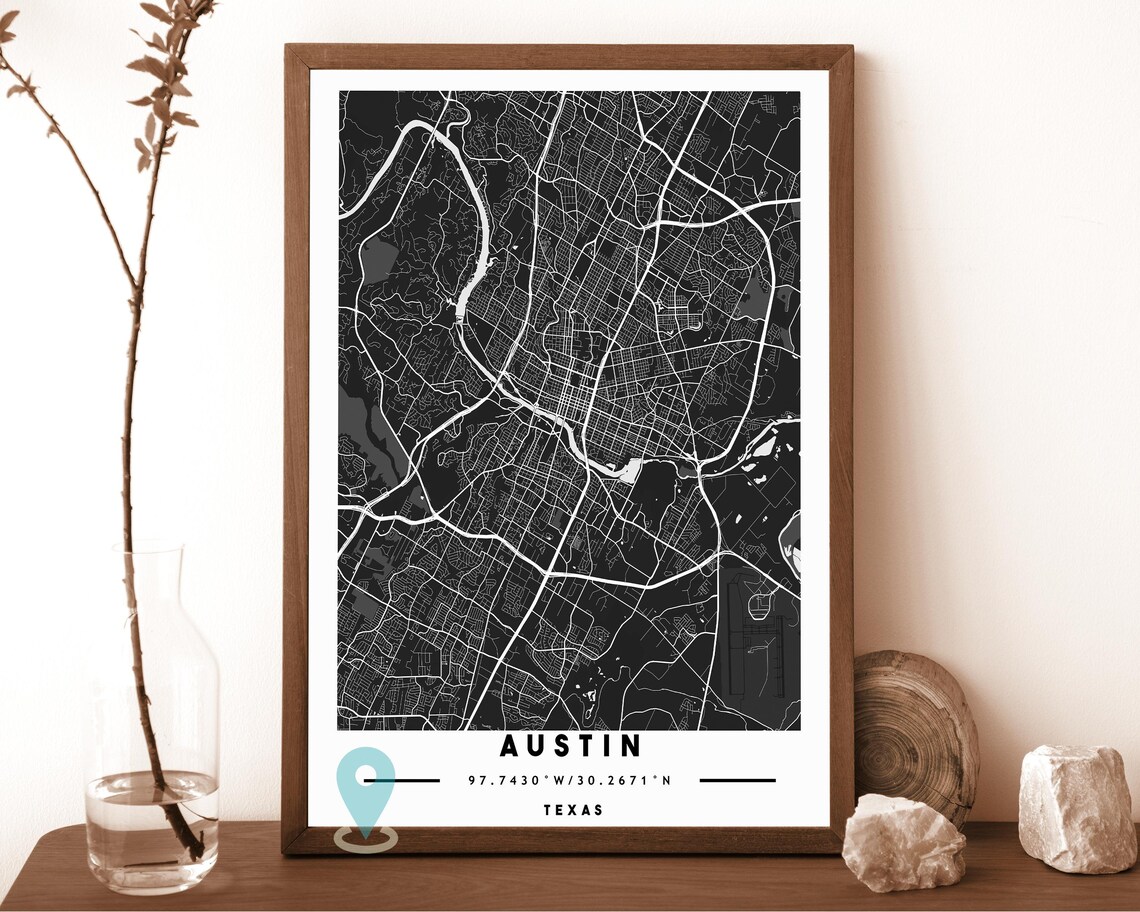 Austin Texas warm beige with a blue river Street Map Coordinates Poster - Image 2