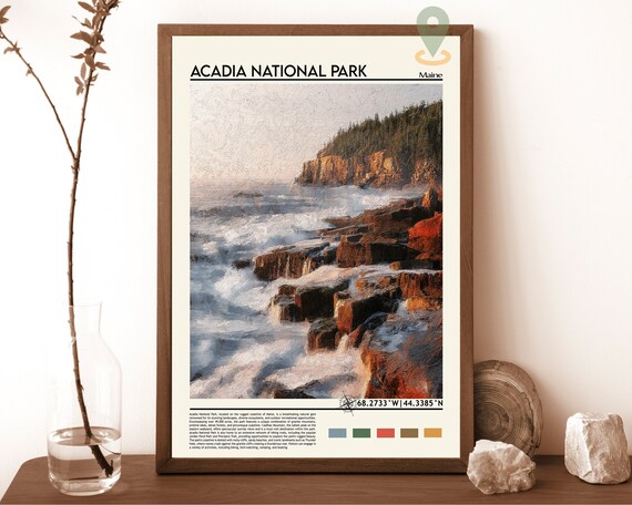 Acadia National Park Maine Rocky Coast Waves Nature Travel Poster