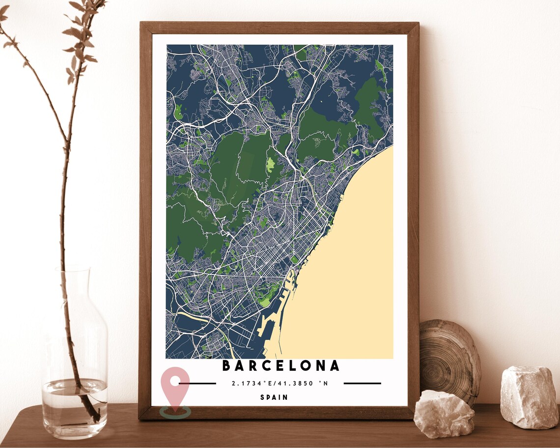 Barcelona Spain navy and green with a gold coast Street Map Coordinates Poster - Image 2