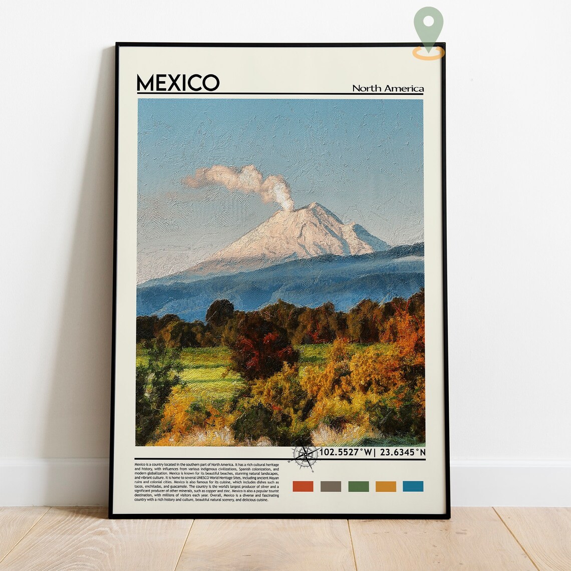 Mexico Smoking Volcano Autumn Hills Painted Landscape Travel Poster - Image 2