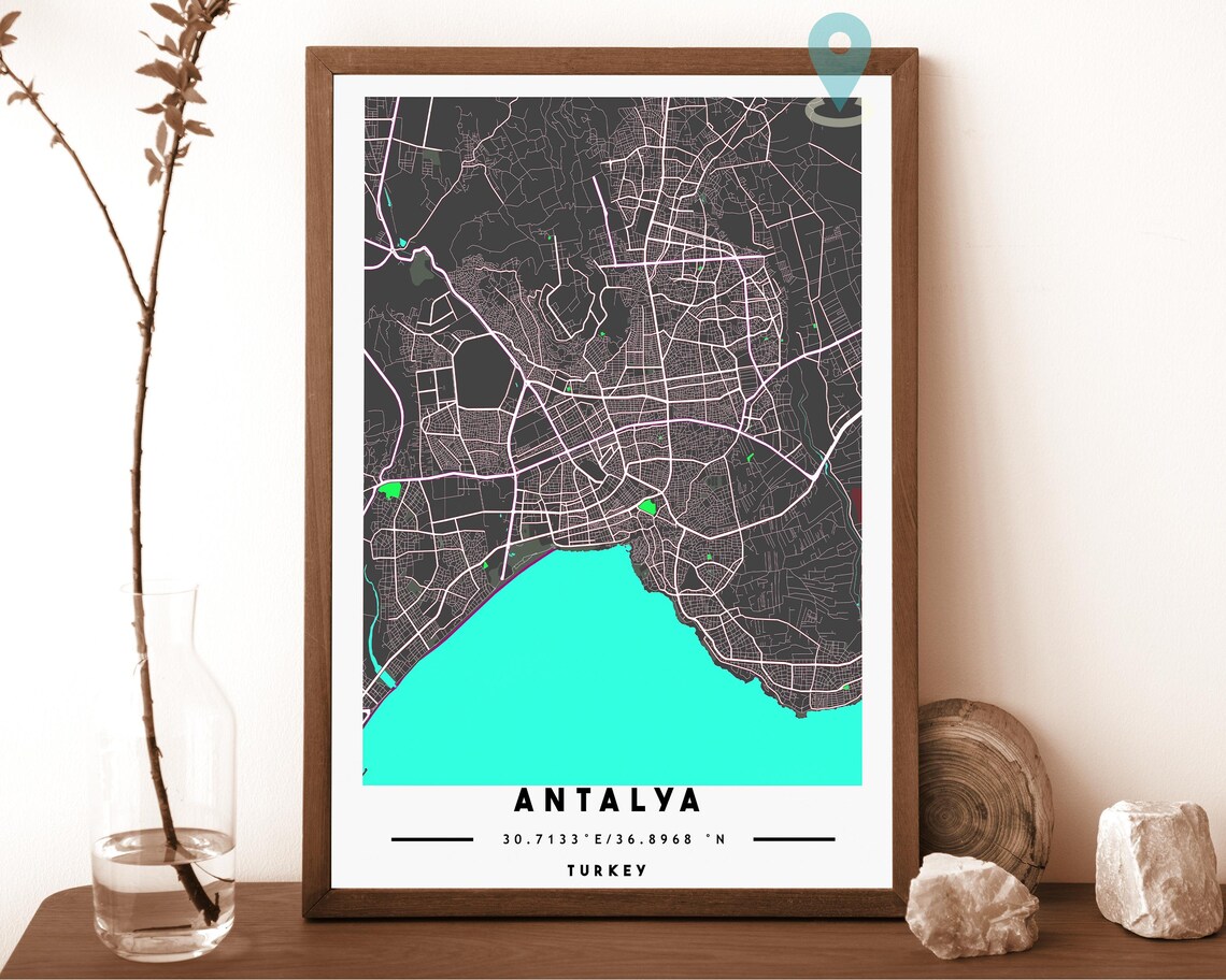 Antalya Turkey navy with a pale cream coast Street Map Coordinates Poster - Image 2