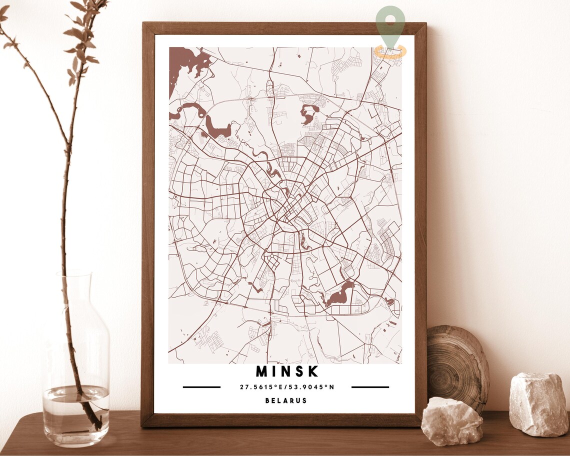 Minsk Belarus Sepia Tone Minimalist City Street Map Coordinates Poster