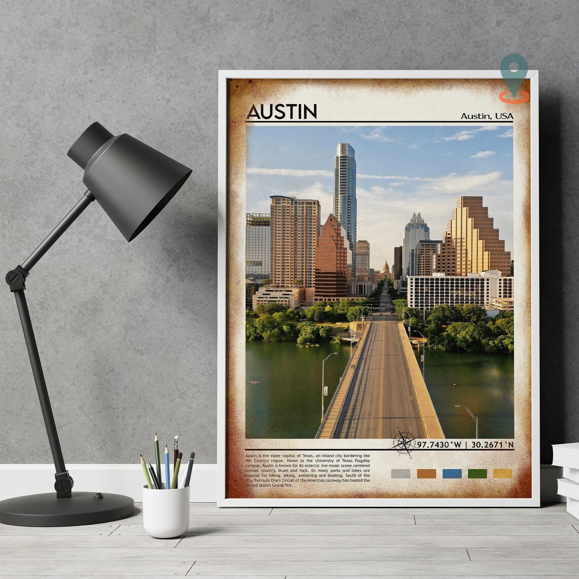 Austin Texas Downtown City Skyline Bridge Vintage Travel Poster - Image 5