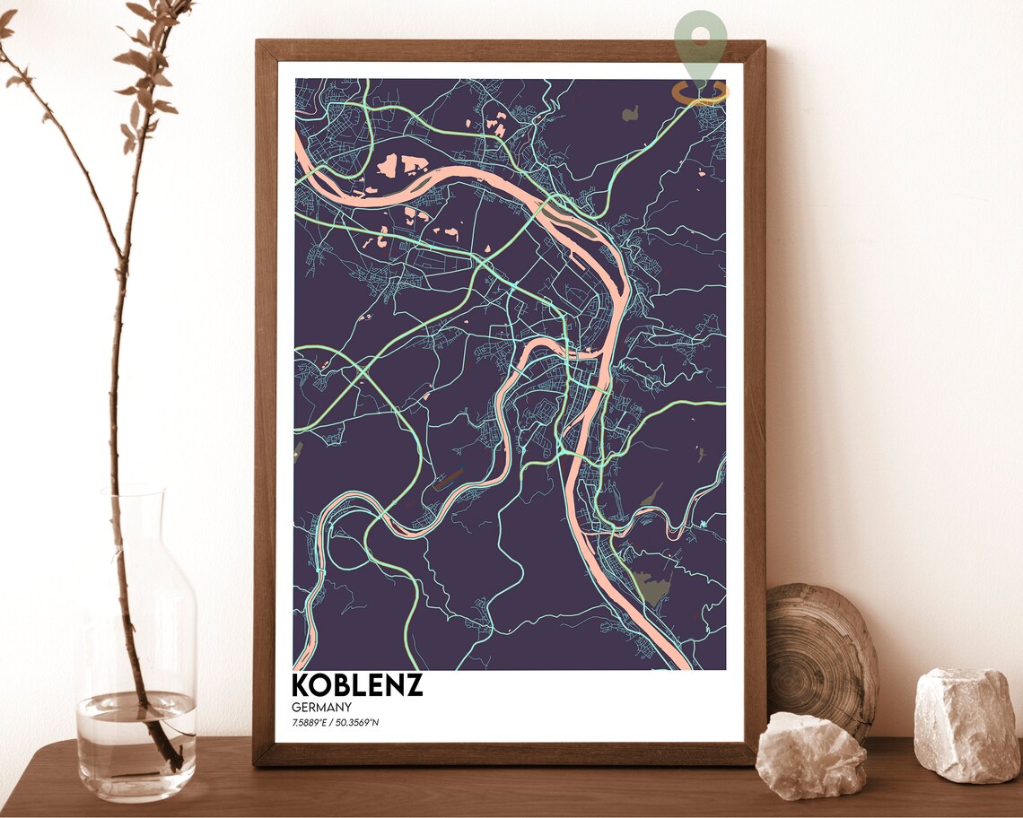 Koblenz Germany City Street Map Minimalist Urban Navy Yellow Art Poster - Image 3