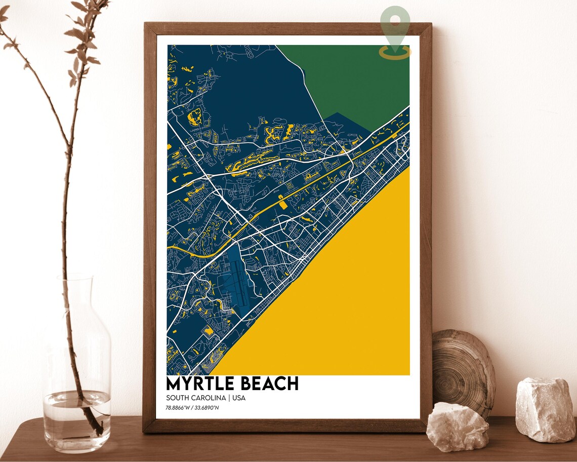 Myrtle Beach South Carolina Navy Gold Coastal Map Art Poster