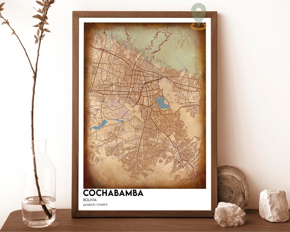 Cochabamba Bolivia Vintage Sepia Style City Street Map Gallery Wall Art