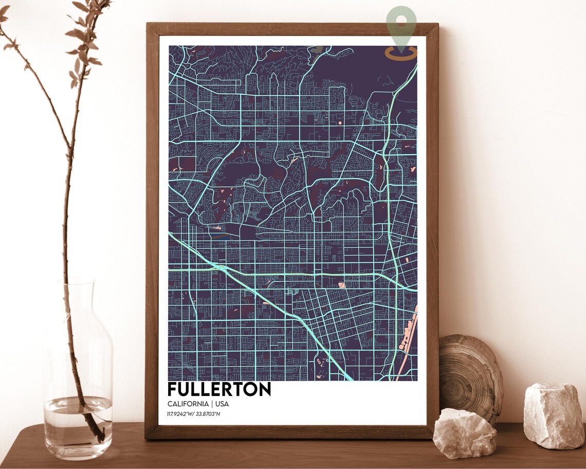 Fullerton California Navy Blue Gold City Map Home Decor Poster - Image 3
