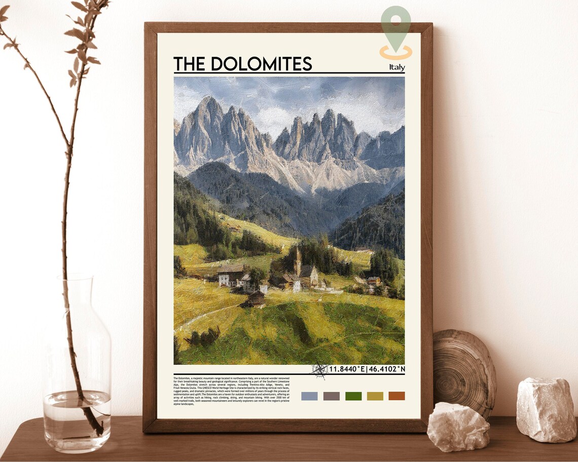 The Dolomites Italy Jagged Alpine Peaks Village Valley Travel Poster