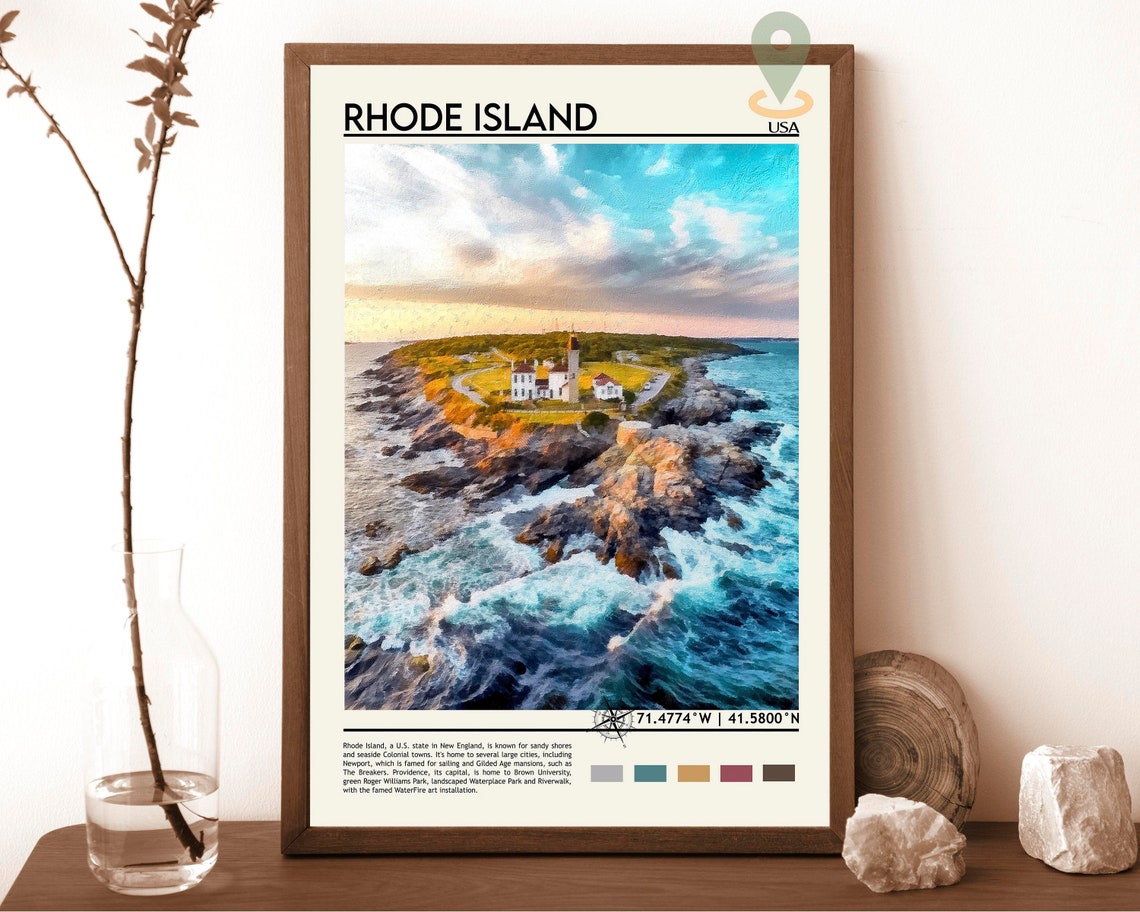 Rhode Island USA Coastal Lighthouse Dramatic Rocky Cliffs Art Poster