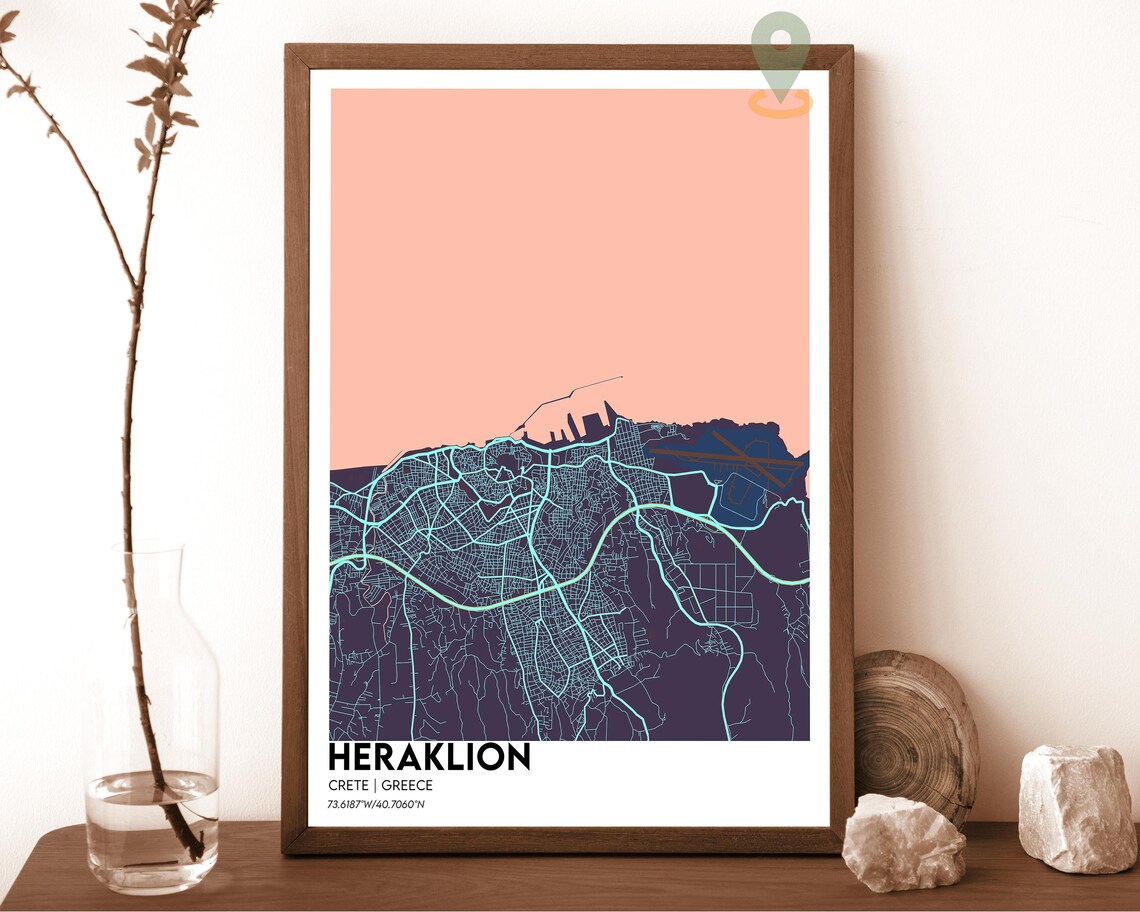 Heraklion Crete Greece Modern City Map Coral Peach Art Poster - Image 5