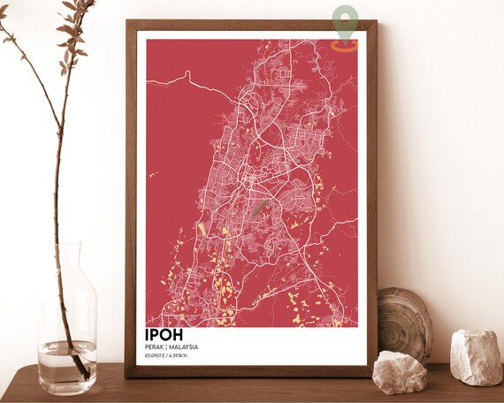 Ipoh Malaysia Bold Red Modern Minimalist City Street Map Wall Art