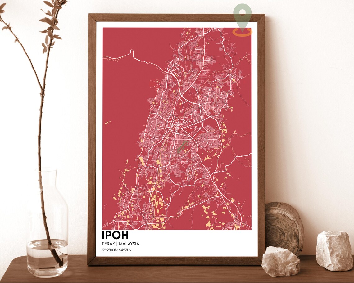 Ipoh Malaysia Bold Red Modern Minimalist City Street Map Wall Art