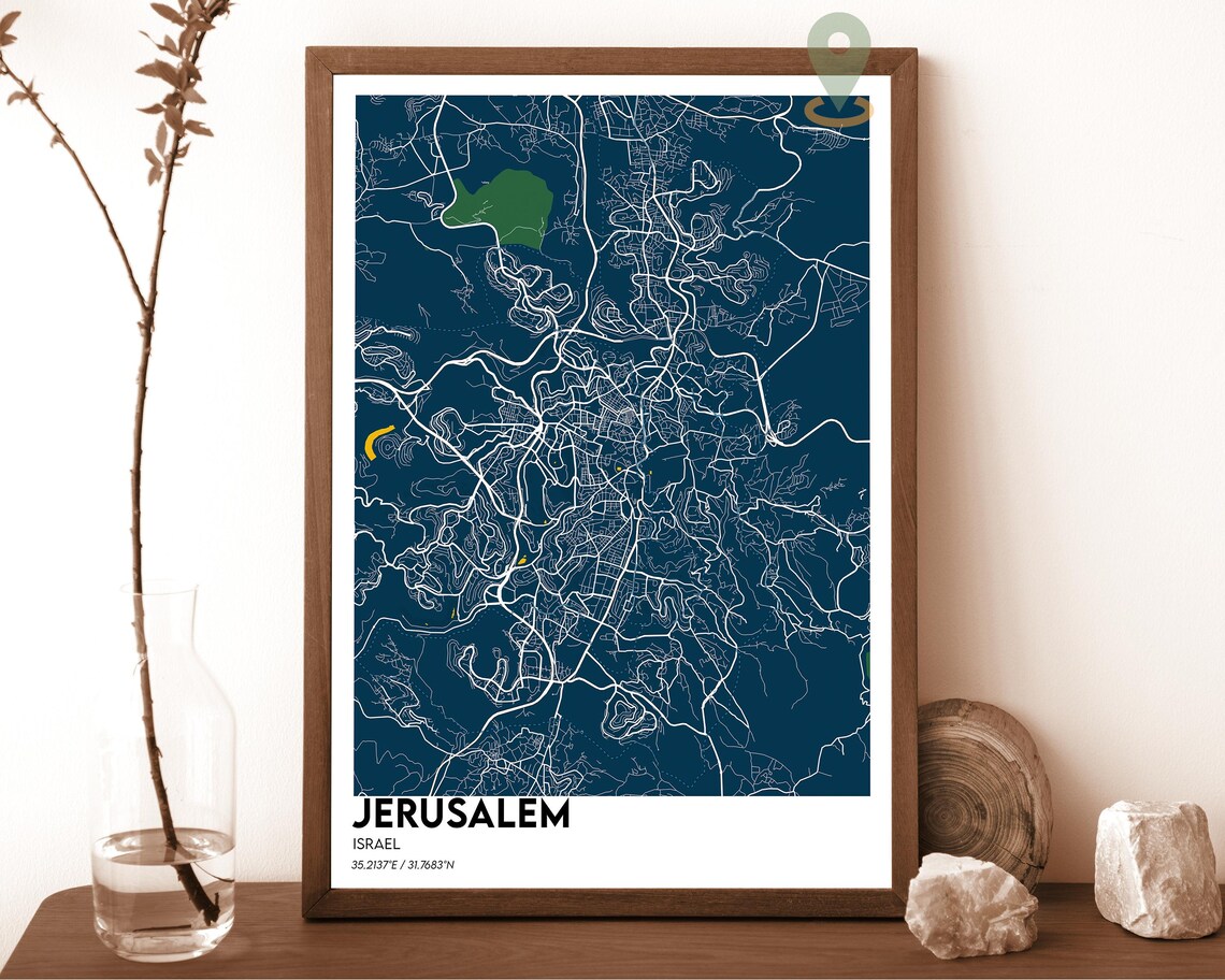 Jerusalem Israel Navy White Modern Minimalist City Map Wall Art