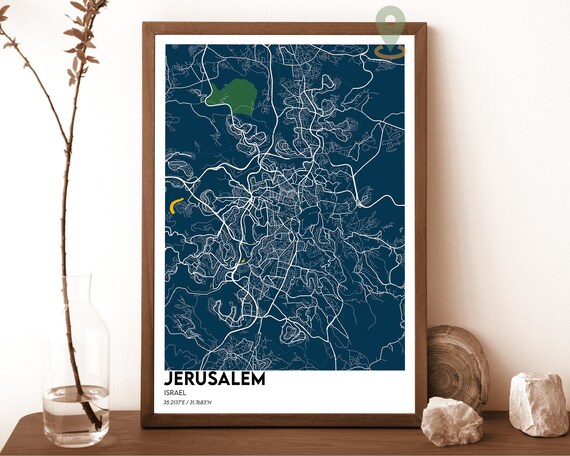 Jerusalem Israel Navy White Modern Minimalist City Map Wall Art