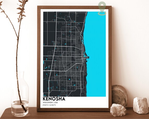 Kenosha Wisconsin Lake Michigan Dark Minimalist City Map Poster