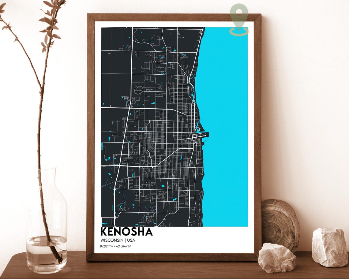 Kenosha Map Kenosha Map Print Kenosha Wall Art Kenosha Travel Poster Kenosha Poster Kenosha Photo Kenosha City Map Kenosha Wisconsin
