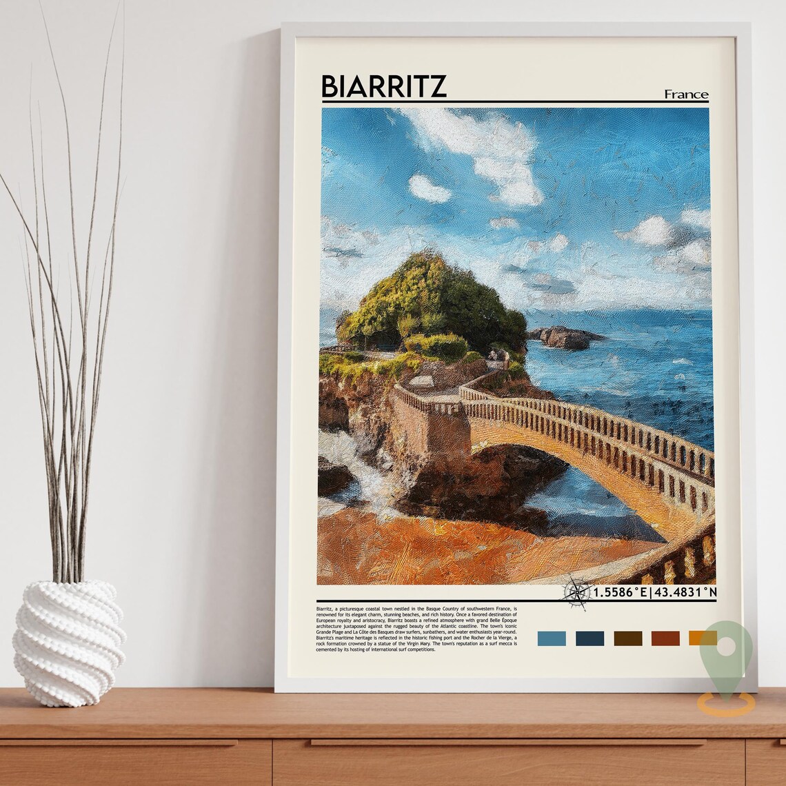 Biarritz France Rocky Coast Bridge Seascape Painterly Art Poster - Image 5