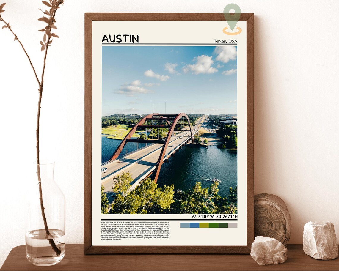 Austin Texas Pennybacker Bridge Aerial River Cityscape Travel Poster