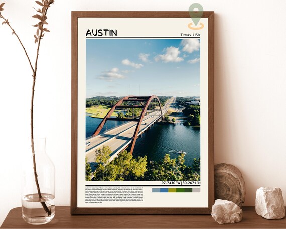 Austin Texas Pennybacker Bridge Aerial River Cityscape Travel Poster