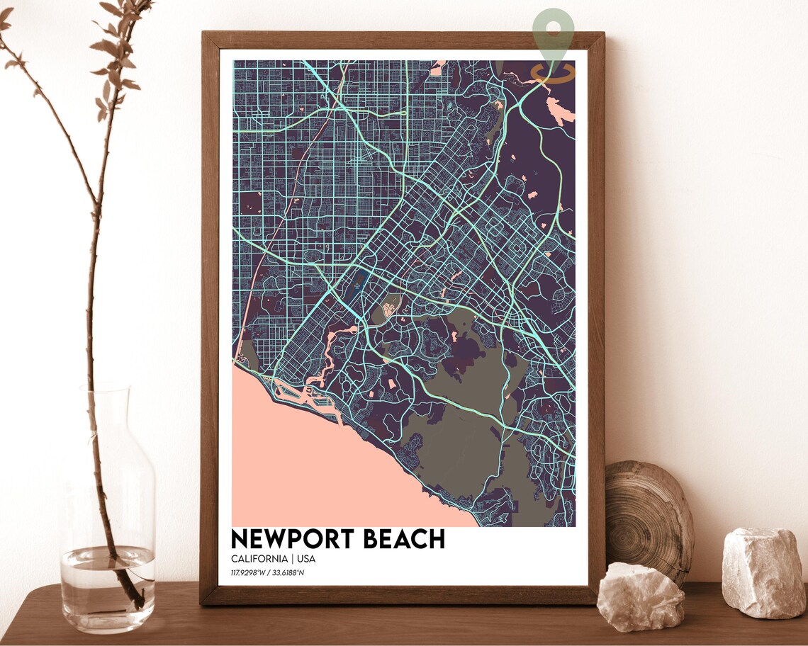 Newport Beach California USA Teal Orange Coastal Map Art Poster - Image 3