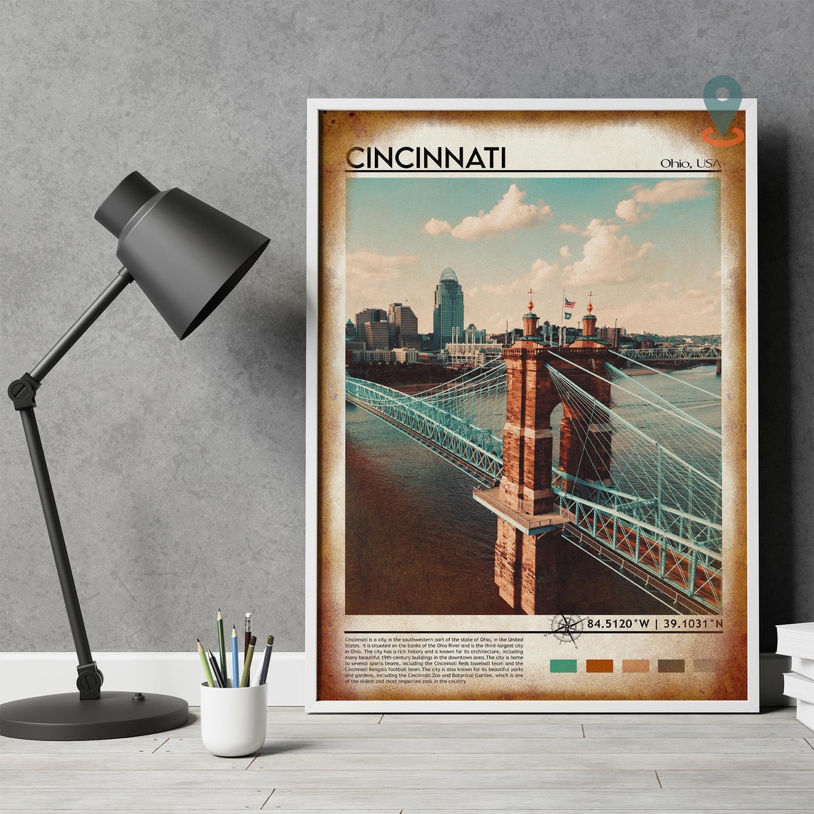 Cincinnati Ohio Roebling Suspension Bridge River Travel Poster - Image 3