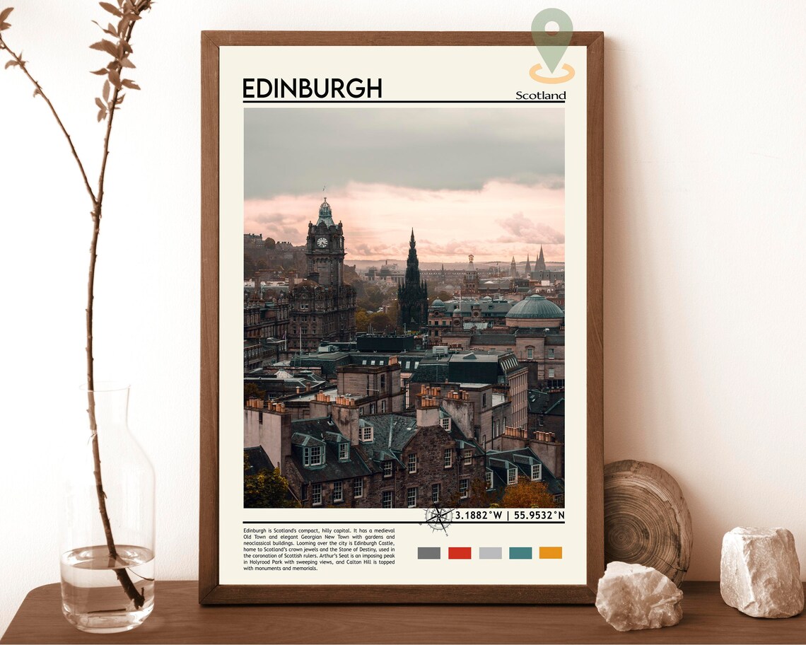 Edinburgh Scotland Old Town Skyline Sunset Vintage Travel Poster