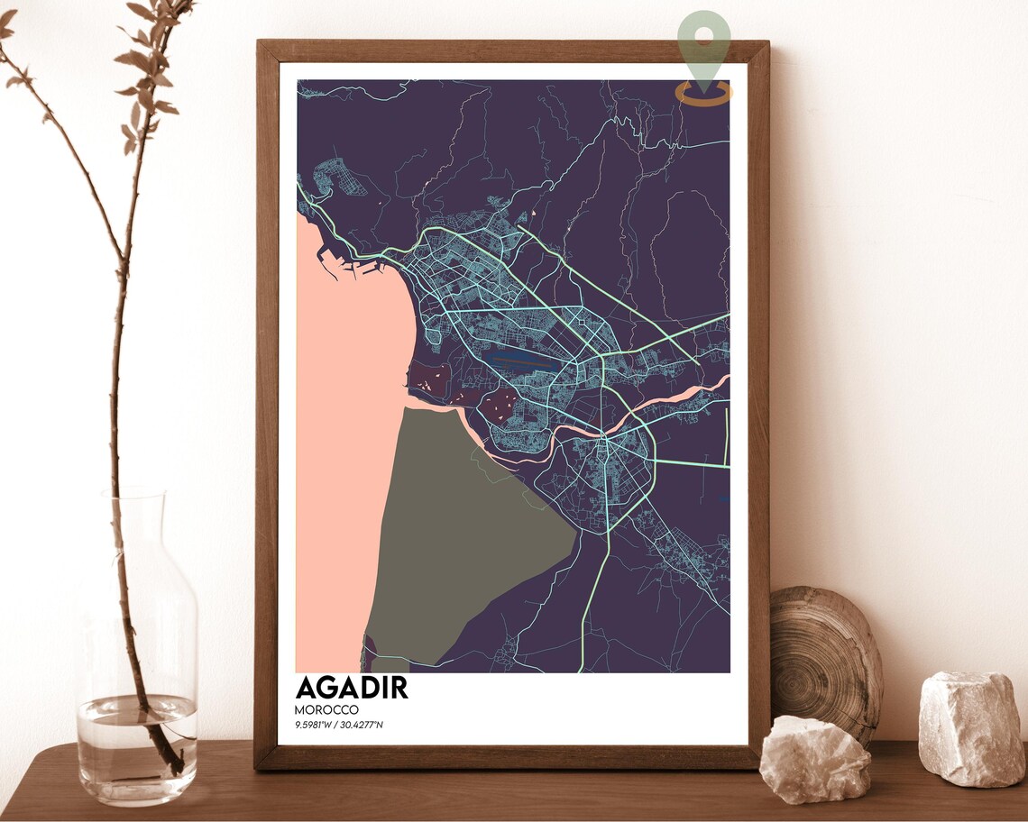 Agadir Morocco Navy Blue Yellow Minimalist City Map Wall Art - Image 2
