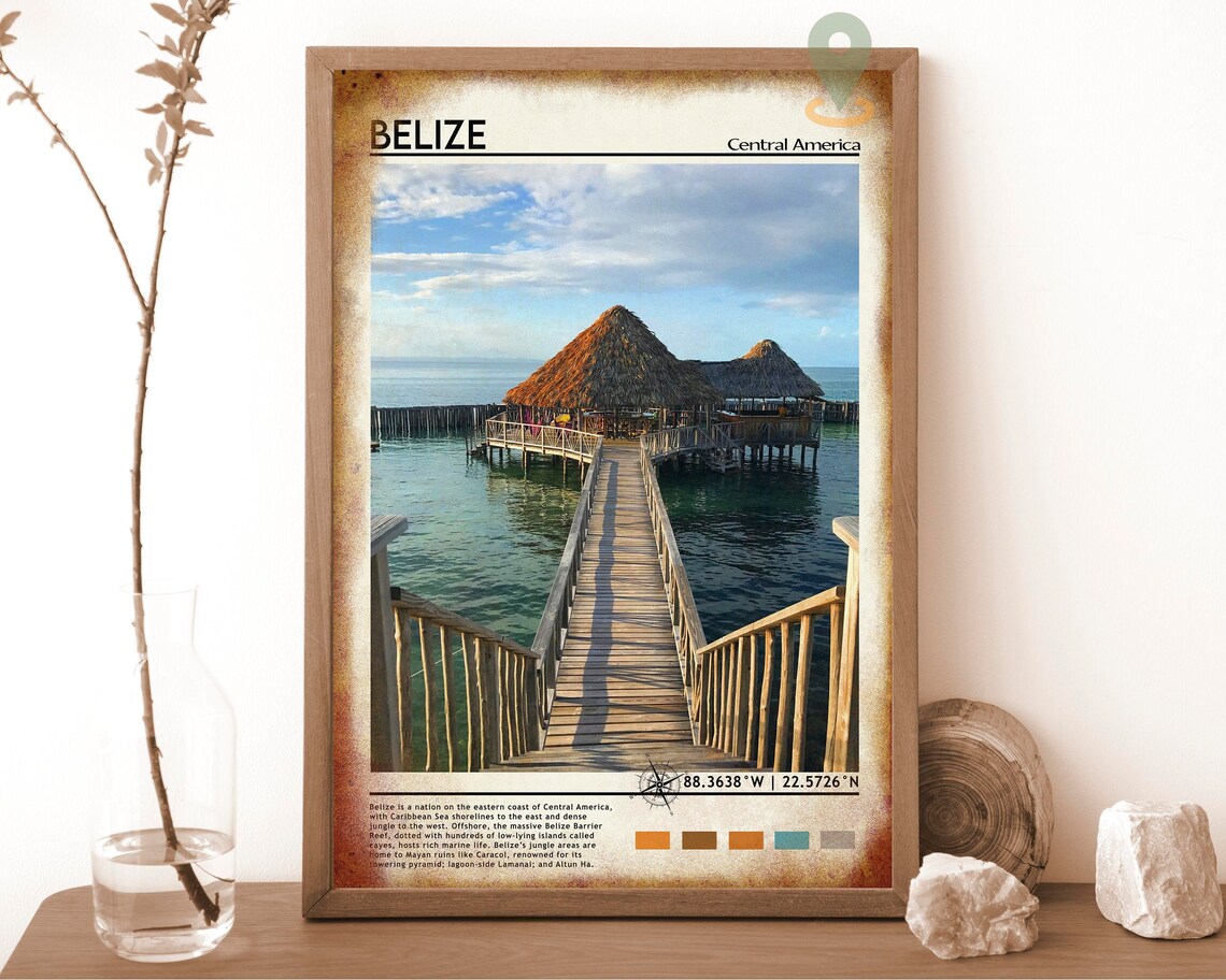 Belize Central America Overwater Palapa Pier Caribbean Travel Poster - Image 6