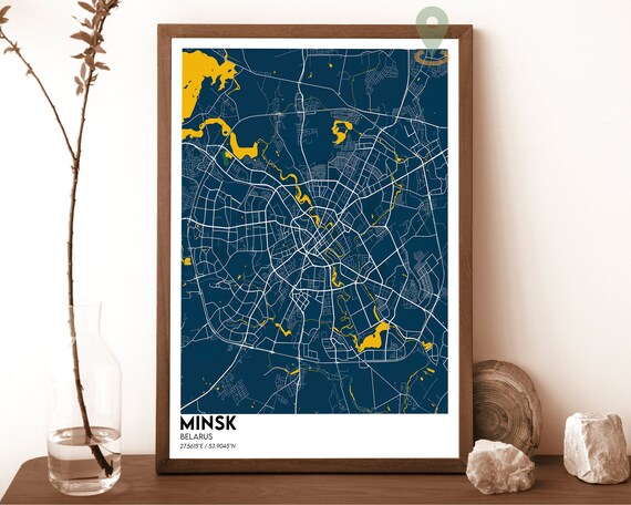 Minsk Belarus Dark Blue Yellow Modern City Street Map Poster