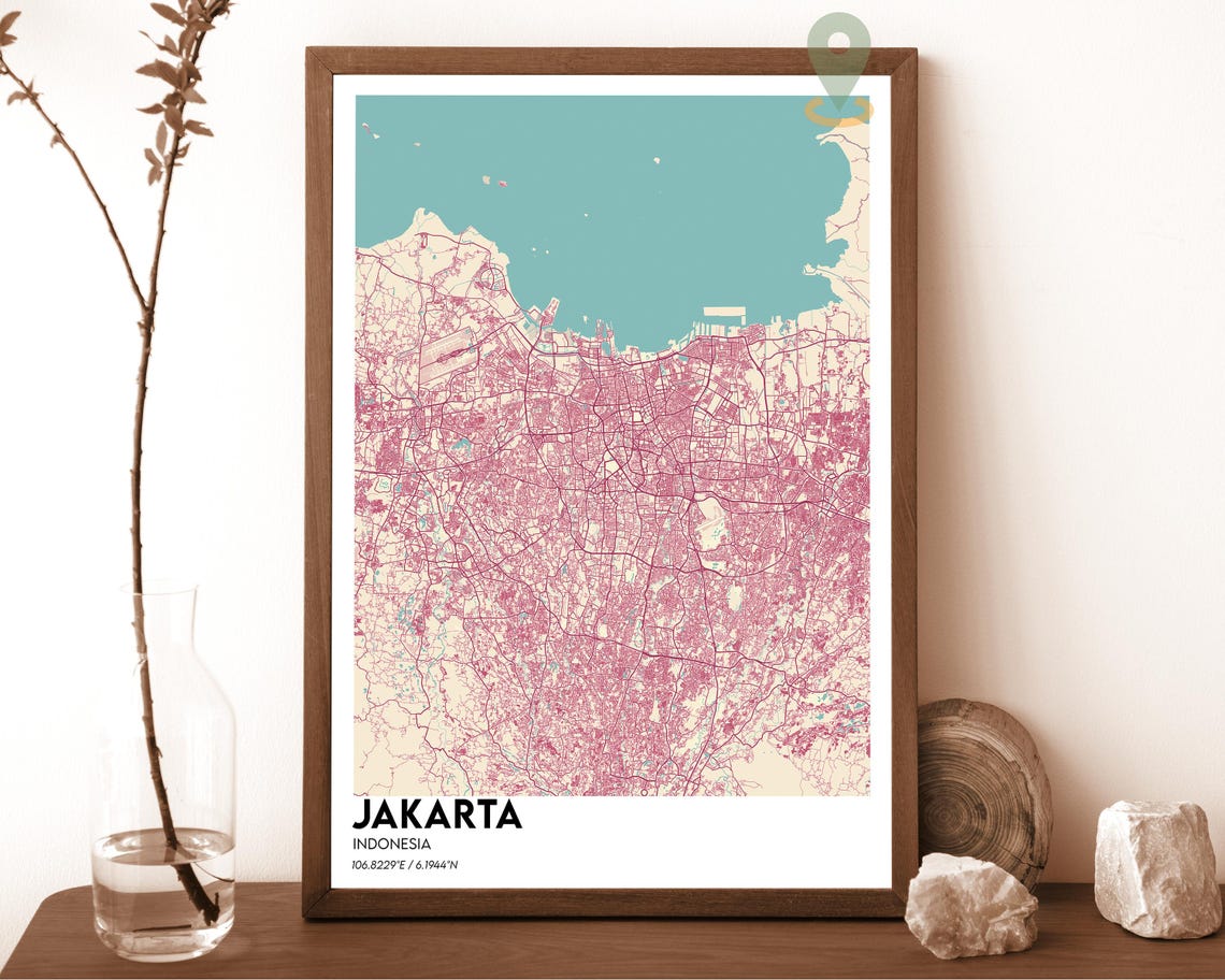 Jakarta Indonesia Red Blush Modern Minimalist City Map Wall Art - Image 2