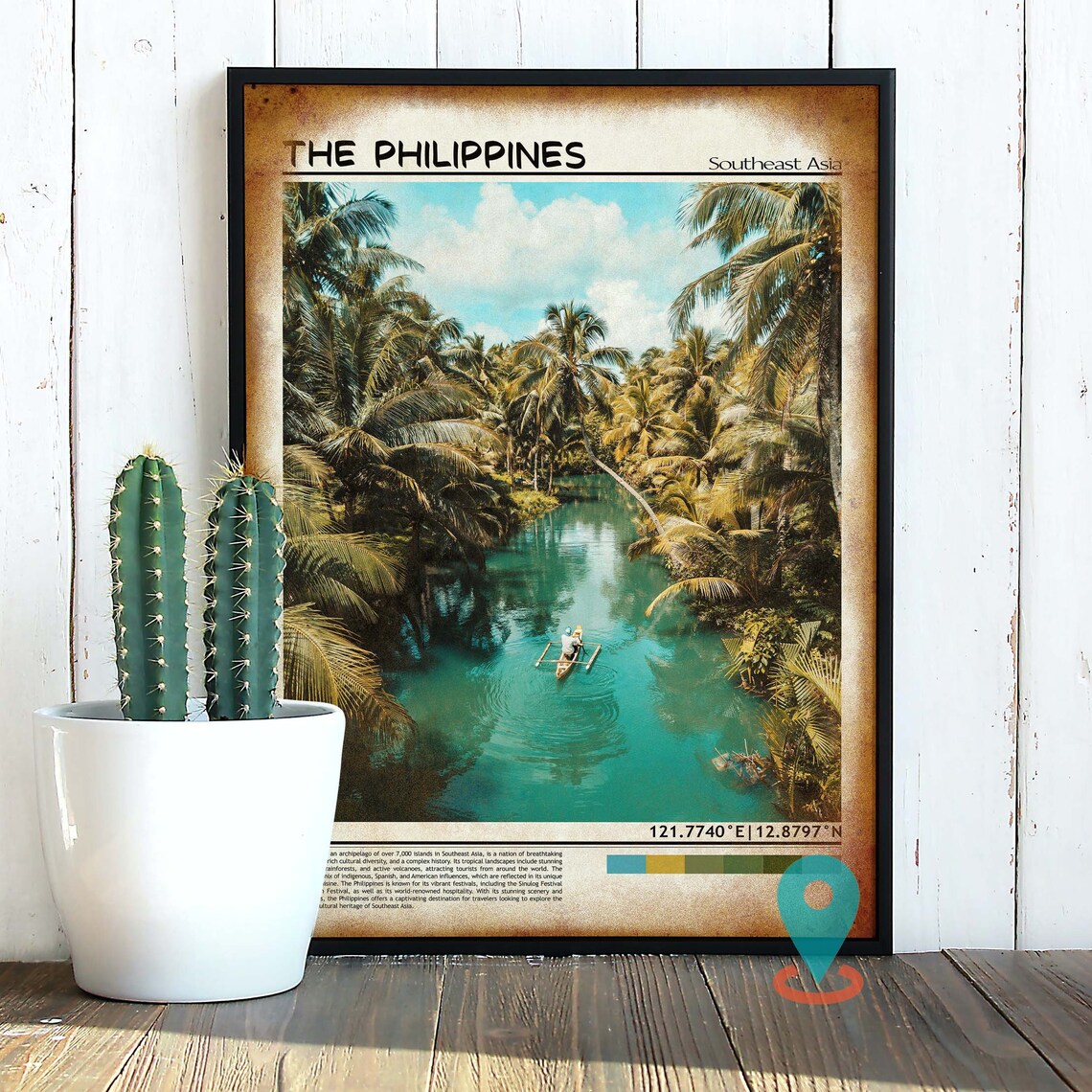Philippines Palm River Turquoise Jungle Waterway Scene Travel Poster - Image 2