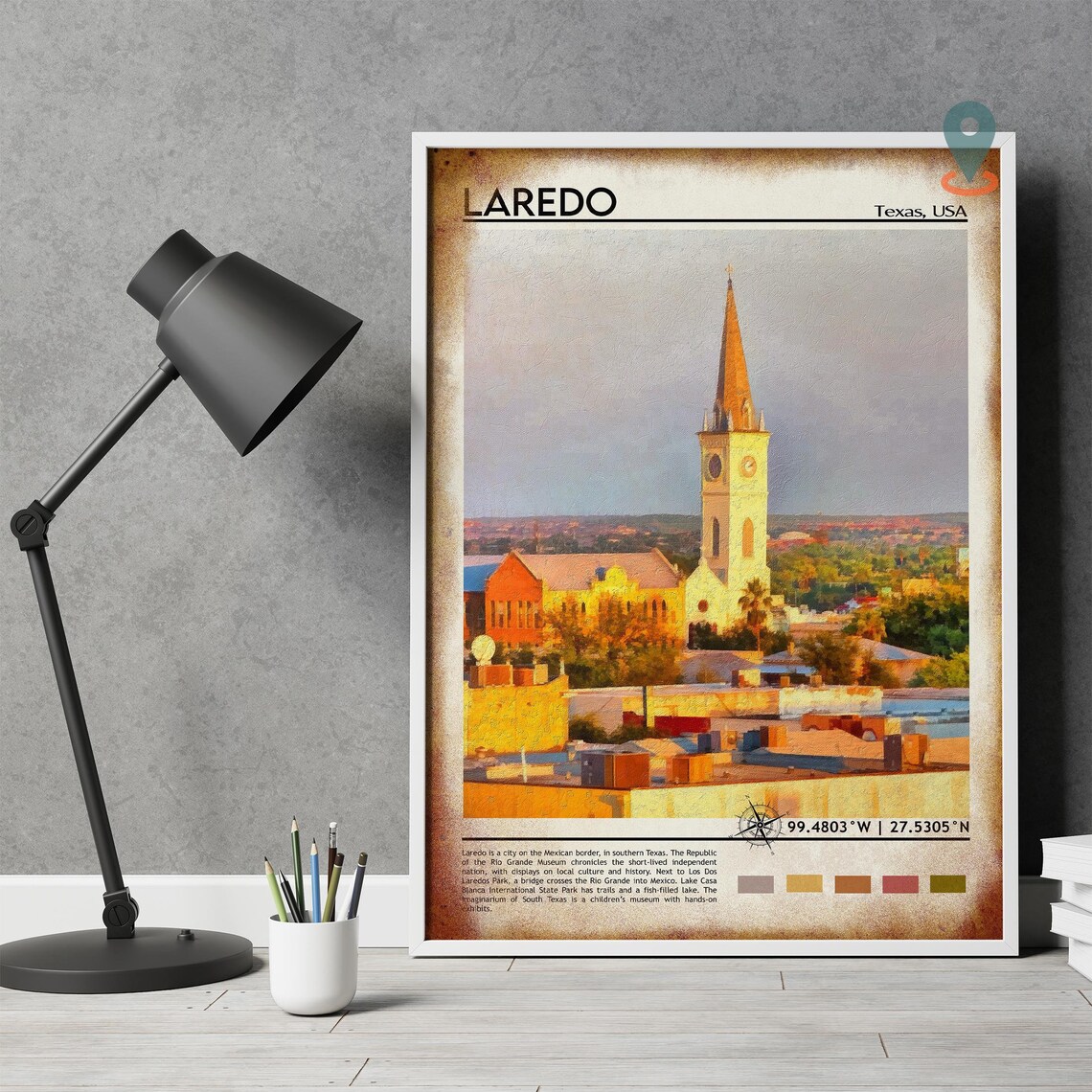 Laredo Texas Golden Hour Church Steeple Skyline Artwork Poster - Image 4