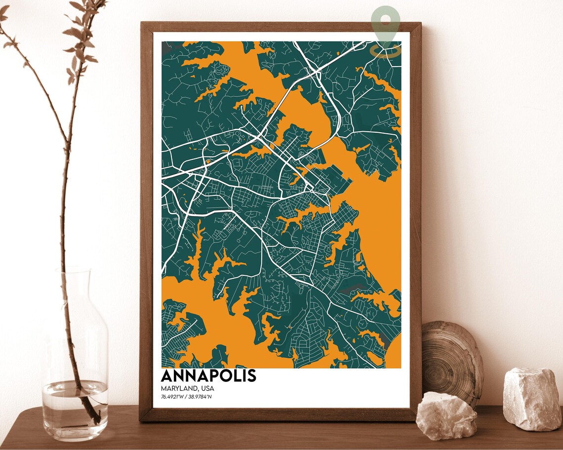 Annapolis Maryland Teal Orange Minimalist Street Map Art Print