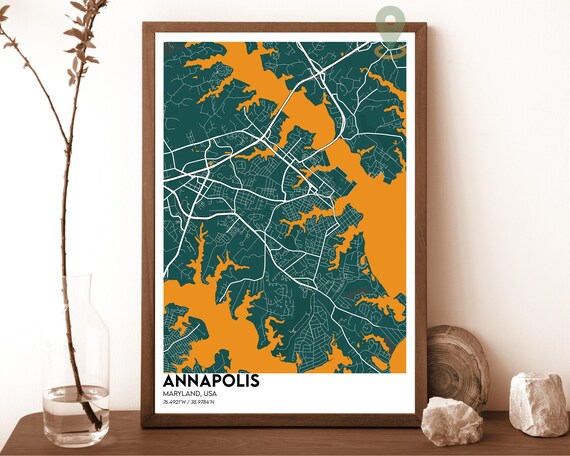 Annapolis Maryland Teal Orange Minimalist Street Map Art Print