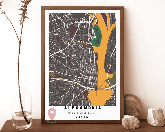 Alexandria Virginia charcoal with an orange river Street Map Coordinates Poster