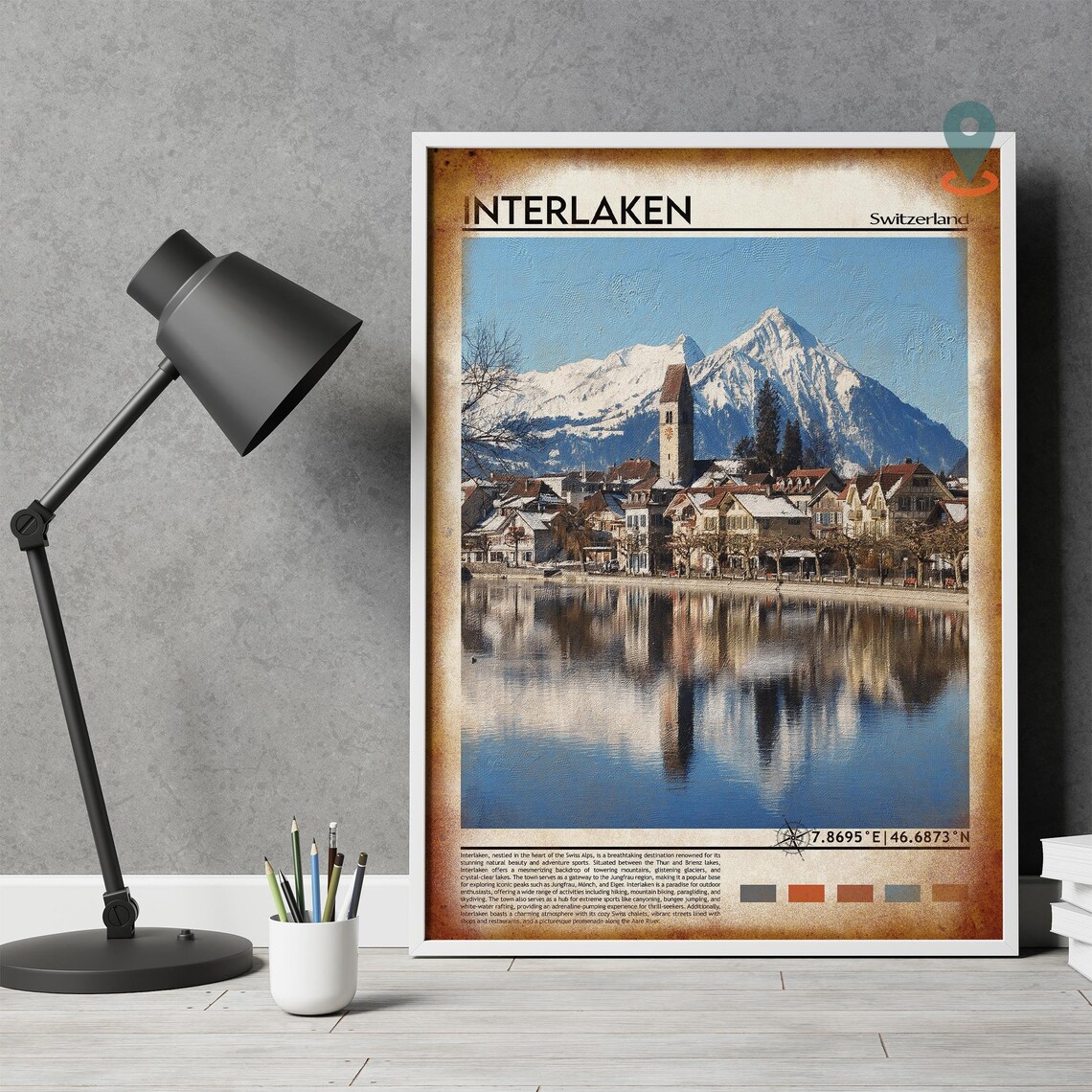 Interlaken Switzerland Snowy Peaks Lake Town Swiss Alps Travel Poster - Image 4